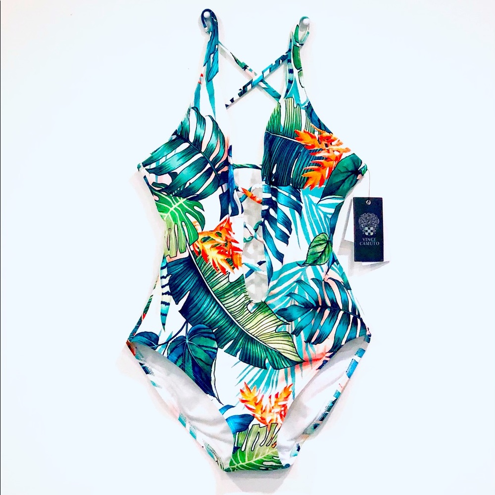 VINCE CAMUTO PLUNGING V NECK ONE PIECE SWIMSUIT IN LUSH TROPICAL PALM PR…